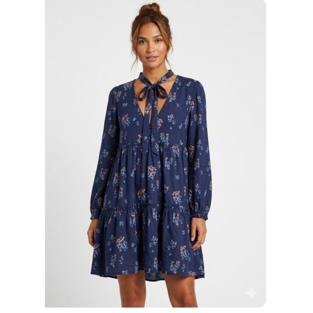 Free People Dress Women Large Blue Linen Blend Floral Tiered Mid Boho Ruffle